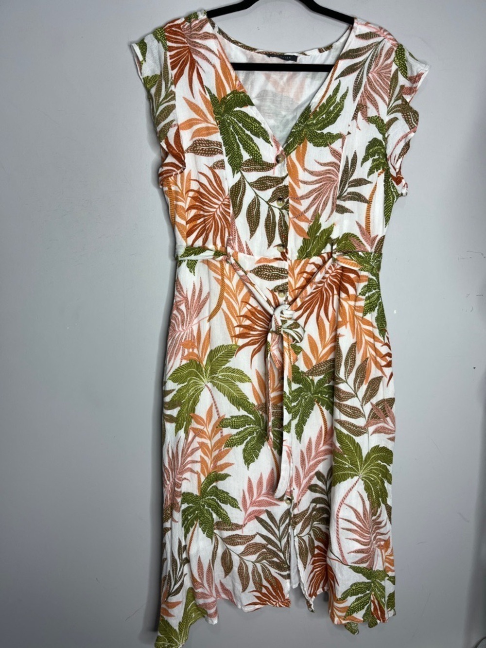 Suzy Shier Leaf Print V-neck Button Front Short Sleeve Tie-Waist Midi Dress, XXL - Picture 2 of 11